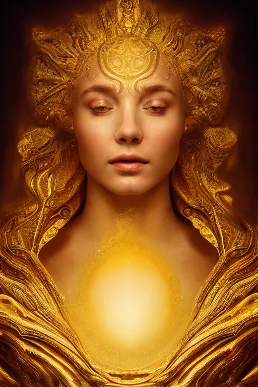 Prompt: Hyper realistic portrait of a goddess floating in the middle of ancient sky, gold fluid simulation around her, Cinematic lighting, ultra super good realistic photography, symmetry, very intricate details, insanely detailed, trending on artstation, 8k