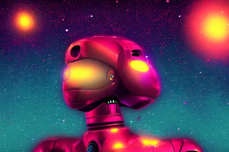 Image similar to a beautiful calm robot girl looking up at the galaxy, digital art, synthwave,