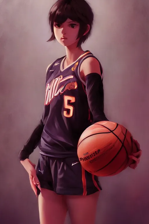 Prompt: A ultradetailed beautiful panting of a stylish girl wearing a basketball jersey, Oil painting, by Ilya Kuvshinov, Greg Rutkowski and Makoto Shinkai