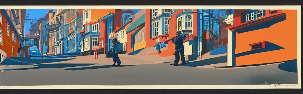 Image similar to san francisco sloped street, gouache, animated film, stylised, illustration, by eyvind earle, scott wills, genndy tartakovski, syd mead