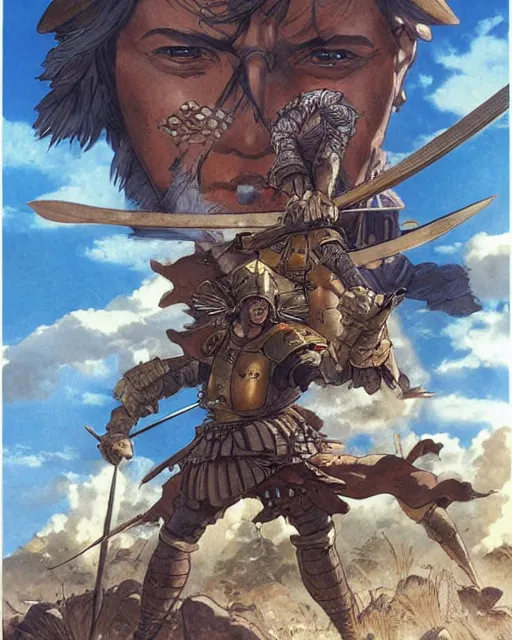 Image similar to portrait of a spanish conquistador in battle, by daniel zrom, masamune shirow, josan gonzales and studio ghibli