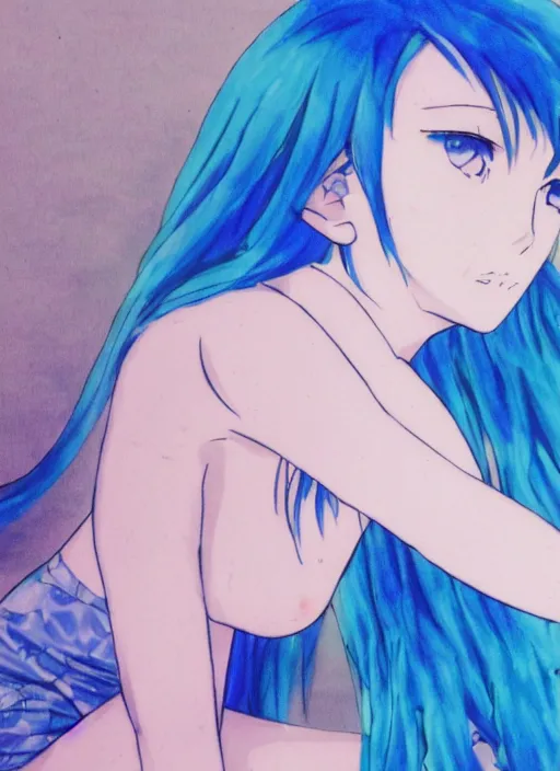 Prompt: a woman with blue hair sitting in the water, an anime drawing by yuumei, featured on pixiv, rayonism, pixiv, seapunk, anime