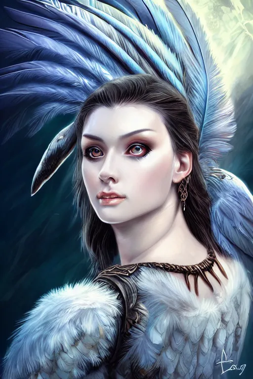 Image similar to head and shoulders portrait of a harpy, eagle wings, feathers, beautiful, female, magical, high fantasy, d & d, by artgerm, face details, extremely detailed, digital illustration