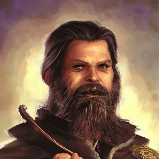 Image similar to beautiful portrait painting of a very short and small male halfing bard with white hair, full beard, from pathfinder, evil smirk, narcissist, self centered, casting fireball, painted by larry elmore, wayne reynolds, greg rutkowski, magic the gathering, dungeons and dragons, dishonored 2