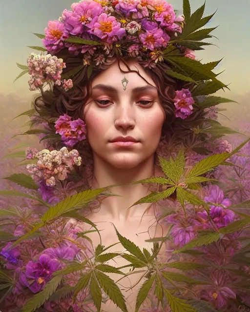 Prompt: portrait of goddess gaea, flowery face, upper body, decorated with cannabis flowers, intricate, elegant, highly detailed, digital painting, artstation, concept art, smooth, sharp focus, illustration, art by artgerm and greg rutkowski and alphonse mucha, 8 k