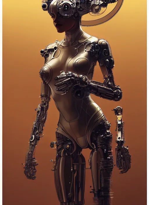Image similar to masterpiece concept art, a beautiful highly detailed futuristic mechanical lady, seductive confident pose, by greg rutkowski and geof darrow, 8 k, intricate detail, cinematic lighting