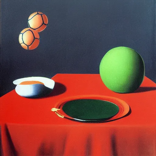 Prompt: ' a pig, a soccer ball, a plate of pasta, painting by rene magritte'