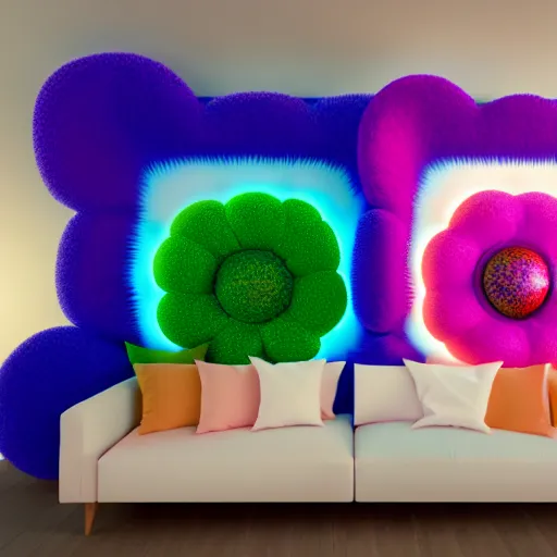 Image similar to : colorful abstract puffy floral sculpture art on the wall in modern architecture studio, cinematic lighting, hyper - realistic, detailed, render by c 4 d octane, unreal engine, 8 k 3 d render
