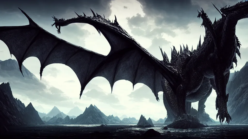 Image similar to Ancalagon the black, the biggest dragon that ever lived, over towering the huge mountains of Thangorodrim, landscape wide shot, epic, cinematic lighting, Unreal Engine 5, film key art, Bloom, dramatic lighting, cg artist