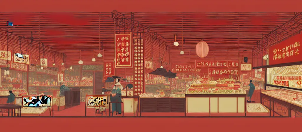 Image similar to a beautiful simple 4 k hd wallpaper illustration of interior view display of the corner of roasted string hotpot shop, simple style, from china, with merchant logo, simple structure, surrealistic, chinese style, victo ngai, james jean, denoise, deblurring