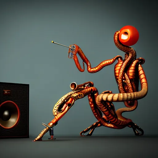 Prompt: cyborg sitting Infront of snake who's getting into gramophone, high quality image, 3Drender, long shot denoise