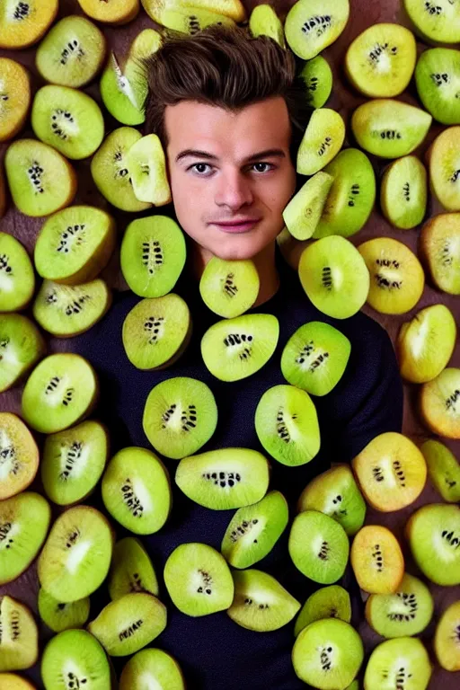 Image similar to 📷 joe keery in kiwi fruit 🥝, made of food, head portrait, dynamic lighting, 4 k