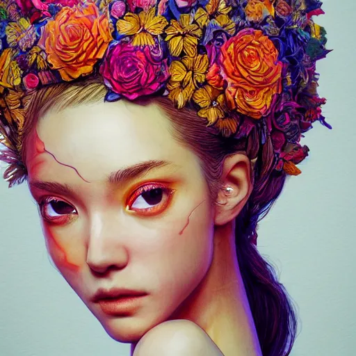 Image similar to the portrait of an absurdly beautiful, graceful, elegant, and perky young woman made of bananas and petals, an ultrafine detailed illustration by kim jung gi, irakli nadar, intricate linework, bright colors, octopath traveler, final fantasy, angular, unreal engine 5 highly rendered, global illumination, radiant light, detailed and intricate environment