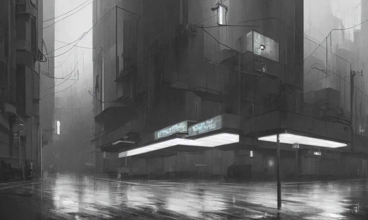 Image similar to high resolution photograph, streetscape, simple brutalist architecture, metal, concrete, wet streets, white neon lights, neon signs, flying cars, pedestrians, greg rutkowski, syd mead, ralph mcquarrie, concept art, matte painting, finely detailed, minimal artifacts, rule of thirds, dynamic lighting, cinematic, denoised, centered, artstation