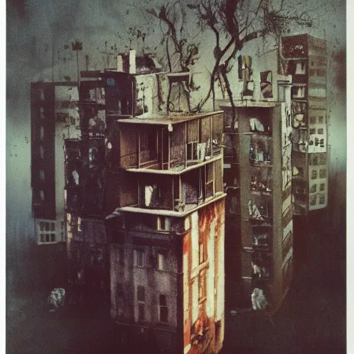 Image similar to 3 5 mm color photography, glitch, joel - peter witkin, beksinski, and stephen gammell, video still of apartment block