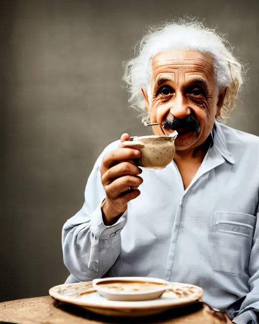 Prompt: A photo of Albert Einstein eating Masala Chai, highly detailed, trending on artstation, bokeh, 90mm, f/1.4