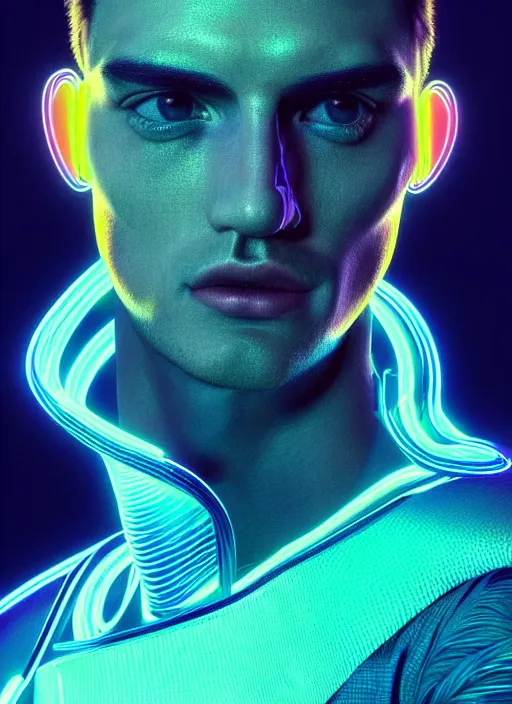 Image similar to a highly detailed long shot photo of masculin male face portrait, futurism, rococo cyber neon lighting, detailed futuristic fibonacci jewelry, profile posing, hyper photorealistic, crispy quality, digital photography, trending in pinterest, cinematic, 4 k ultra hd, art by pascal blanche, art by greg rutkowski, art by artgerm,