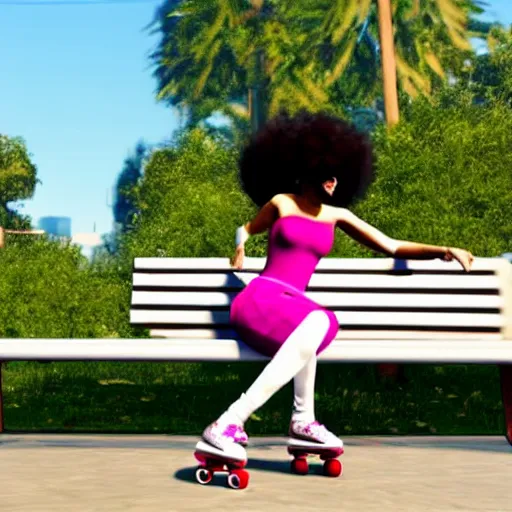 Prompt: A woman with an afro sitting on a park bench putting on roller skates in the style of GTA V 4K