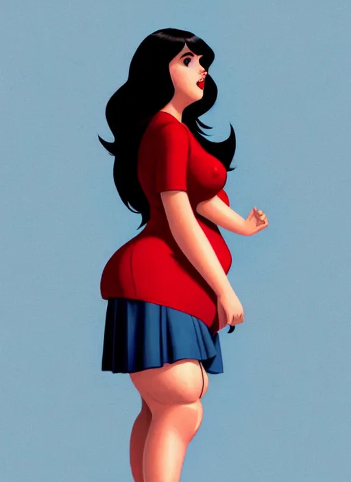 Image similar to full body portrait of teenage veronica lodge, obese, bangs, sultry, realistic, sultry smirk, wavy hair, red skirt, fat, belly, intricate, elegant, glowing lights, highly detailed, digital painting, artstation, concept art, smooth, sharp focus, illustration, art by wlop, mars ravelo and greg rutkowski