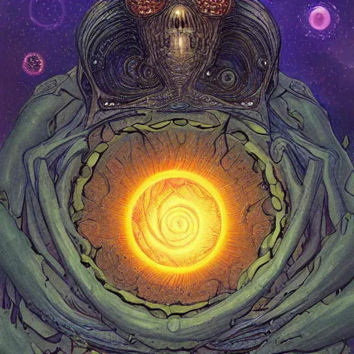 Prompt: the corpse of a cthonic being drifting amping the stars. Lovecraftian art. Extreme detail. Coherent composition. Mœbius. Digital painting.
