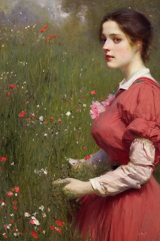 Image similar to Solomon Joseph Solomon and Richard Schmid and Jeremy Lipking victorian genre painting portrait painting of an elegant slim young cottagecore girl in an open field of flowers, red background