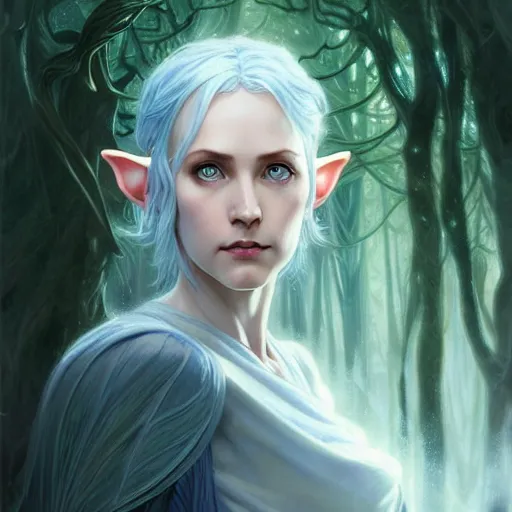 Prompt: Portrait of elvish female wizard, D&D, blue eyes, face, short silver hair, fantasy, intricate, elegant, highly detailed, digital painting, artstation, concept art, smooth, sharp focus, illustration, deep forest on background, art by artgerm and greg rutkowski and alphonse mucha