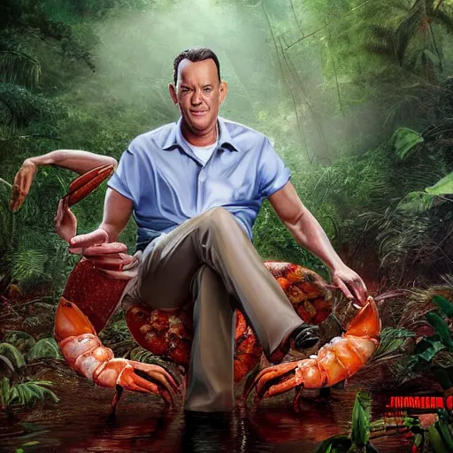 Prompt: Tom Hanks as forrest gump sitting on a giant shrimp in the jungle, realistic digital painting, in the style of Aleksi Briclot, photoreailstic, realistic face, amazing detail, sharp