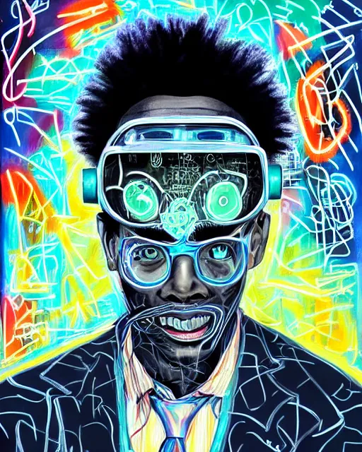 Prompt: a cyberpunk portrait of an anthropomorphic snow leopard in a business suit by jean - michel basquiat, by hayao miyazaki by artgerm, highly detailed, sacred geometry, mathematics, snake, geometry, cyberpunk, vibrant, water