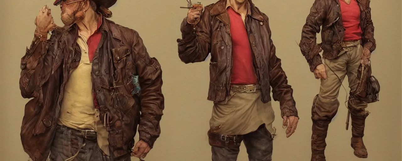 Prompt: character design, turnaround, uncropped, 40's adventurer, unshaven, optimistic, stained dirty clothing, straw hat, riding boots, red t-shirt, dusty brown bomber leather jacket, detailed, concept art, photorealistic, hyperdetailed, , art by Leyendecker and frazetta,