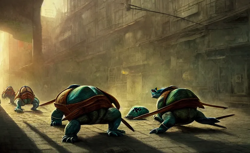 Image similar to painting of ninja turtles, hyper realistic t, natural light, concept art, by greg rutkowski, cozy atmospheric and cinematic lighting