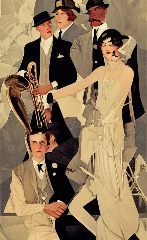 Prompt: a painting depicting Jazz Age high society people, 1920s style, smooth, highly detailed, high contrast, Coles Phillips, Dean Cornwell, JC Leyendecker, 8K