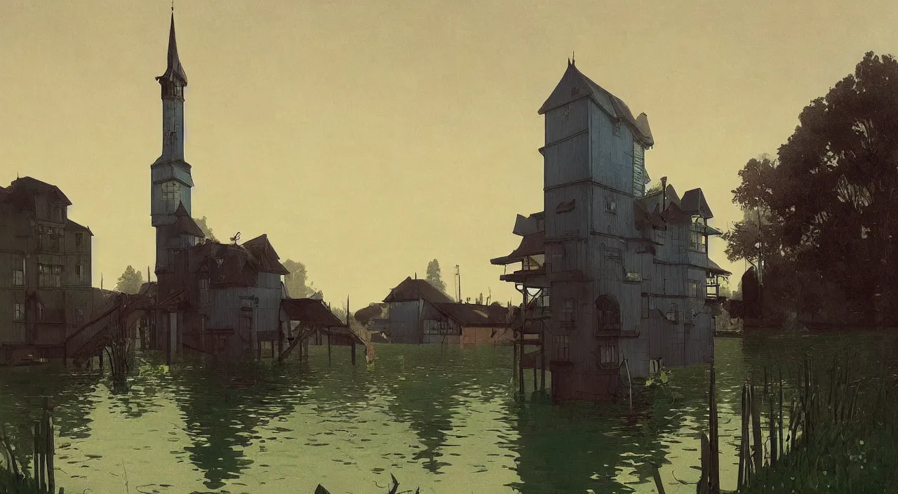 Image similar to single flooded simple victorian wooden tower, very coherent and colorful high contrast!! masterpiece by rene magritte simon stalenhag carl spitzweg syd mead norman rockwell edward hopper james gilleard, minimalist, dark shadows, sunny day, hard lighting