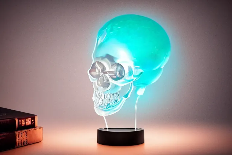 Prompt: a glass skull filled with liquid waves on a white table with a Pixar lamp next to it, vintage, neon, iridescent, smooth, sharp focus, high detail, deviantart, artstation, halo, octane render, cinematic, hyper realism, 8k, depth of field, bokeh, art by Tooth Wu and wlop and beeple and dan mumford and greg rutkowski