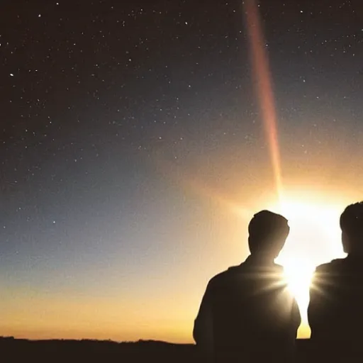 Image similar to silhouette of a gay couple looking at the sunrise from space
