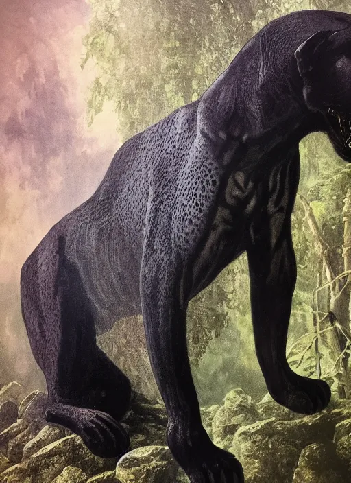 Image similar to a beautiful matte painting portrait of a black jaguar, close up, ayahuasca