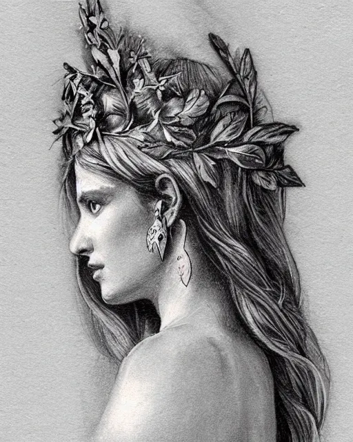 Image similar to realism tattoo sketch of a beautiful greek goddess aphrodite wearing a laurel wreath and triangle earrings, in the style of greg rutkowski, amazing detail