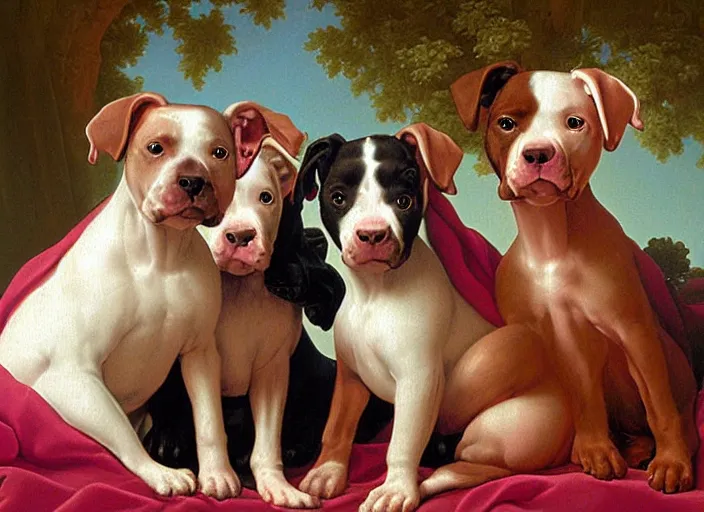 Prompt: baroque rococo painting The Three Fancy Royal Pitbull Puppies in the parlor portrait Greg Hildebrandt high detail cute