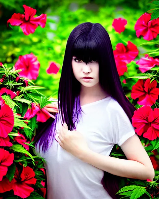 Image similar to an stunning beautiful girl is surrounded by colourful hibiscus flowers and marijuana plants, symmetric face and eyes, manga style, long straight black hair, visible face 8 k, soft focus, melanchonic soft light, volumetric lighting, highly detailed realistic, refined, highly detailed, soft blur outdoor lighting, fine art fashion photography 5 0 mm f 2