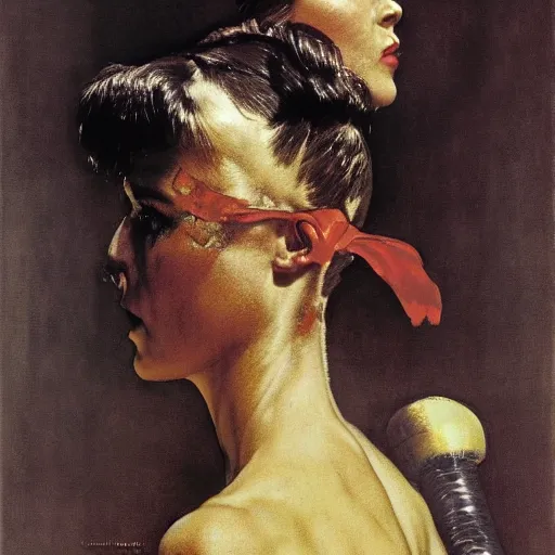 Image similar to portrait of a beautiful savage muscular barbarian female with light leather armor, by norman rockwell