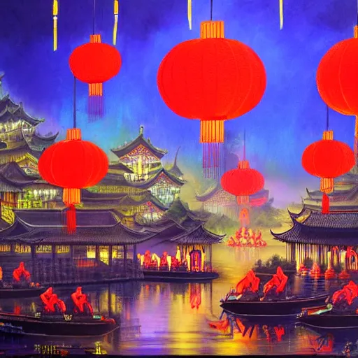 Prompt: chinese new year dragon dance detailed luminescent airbrush magical realism painting with background of glowing lanterns rising over river at night 4k
