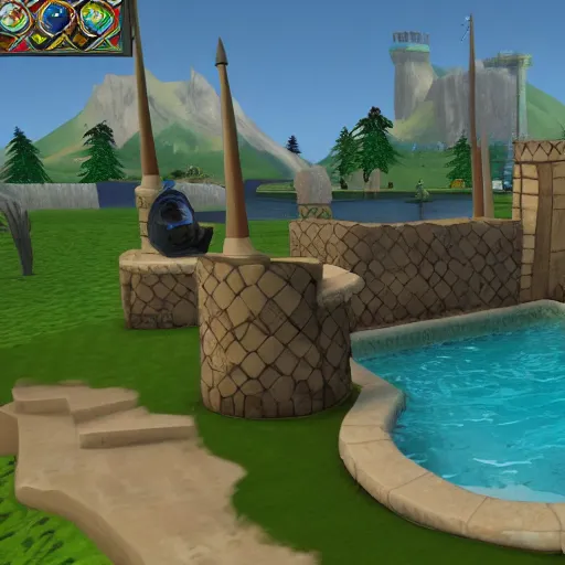 Image similar to runescape playing in the hot tub with wizard101 scenery, hyperrealistic, photo realistic, realistic, beautiful white lighting, in the middle of the day