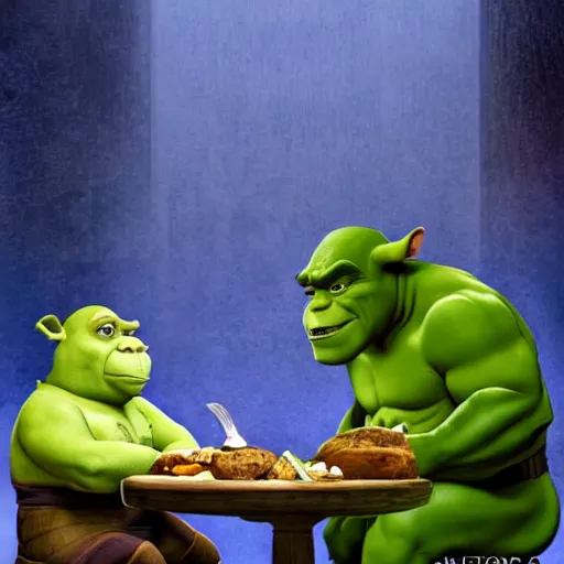 Image similar to shrek, hulk and yoda eat dinner together