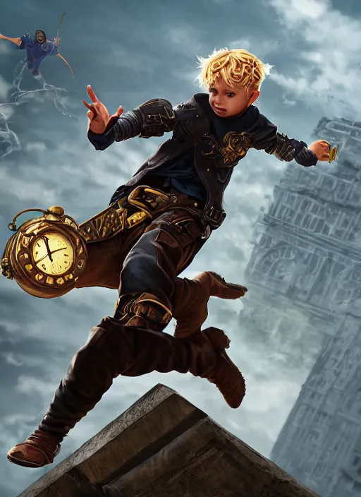 Prompt: An epic fantasy comic book style portrait painting of a young blonde boy thief flying out of a steampunk city, unreal 5, DAZ, hyperrealistic, octane render, cosplay, RPG portrait, dynamic lighting