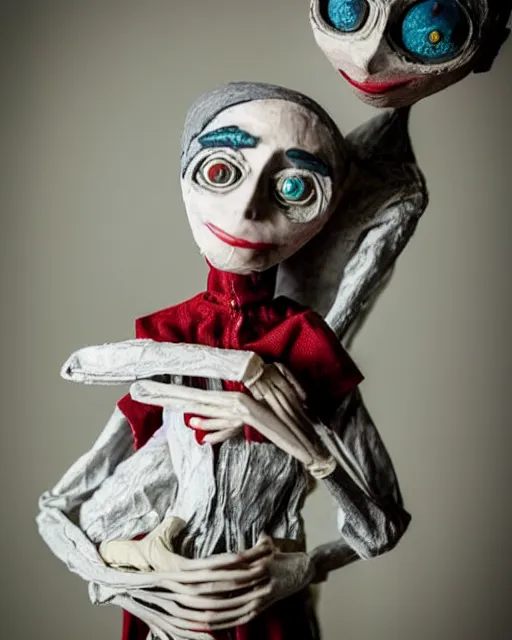 Image similar to a paper mache doll of a creepy long limbed coraline, realistic, very detailed, complex, intricate, studio lighting, superres sharpening, bokeh, sigma 5 0 mm f 1. 4