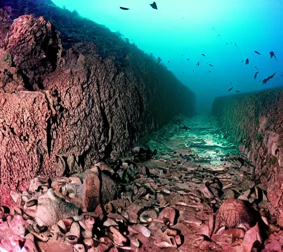 Prompt: bottom of a path with wall of oceans on each side, clear waters full of scary creatures, water horrors, photo pic by james cameron 35mm H 576