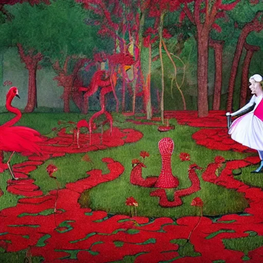 Prompt: The red queen, mad with power, created her red garden for hours and hours, playing croquette with upside-down flamingos; Alice tried to sneak away to the white rabbit's aid