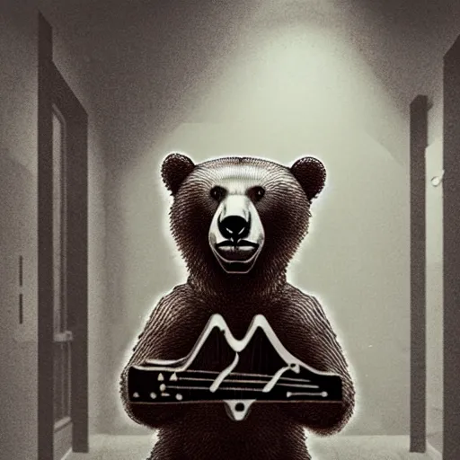 Prompt: realistic bear holding a (wooden triangle + guitar neck + sound hole ) and playing it like a guitar in an abandoned and desecrated hallway in a cyberpunk lab, ultra realistic, concept art, intricate details, eerie, highly detailed, photorealistic, octane render, 8k, unreal engine, art by Vita Wen