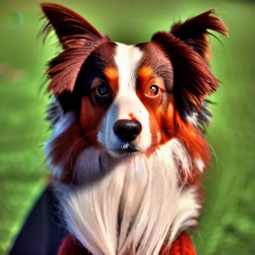 Image similar to red tri australian shepard. golden hour light photograph, hi gloss perfect lighting, 4 k, octane render, 5 0 mp cannon 8 0 mm.