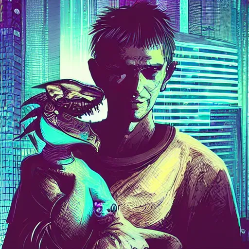 Image similar to blade runner style image of cyberpunk character and his baby dragon