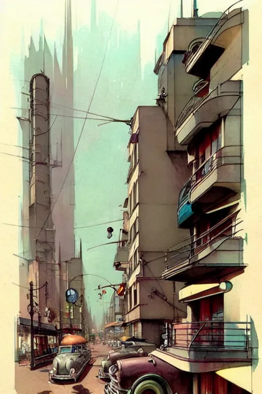 Image similar to ( ( ( ( ( taliesin up view 1 9 5 0 s retro future art deco city street design. muted colors. ) ) ) ) ) by jean - baptiste monge!!!!!!!!!!!!!!!!!!!!!!!!!!!!!!